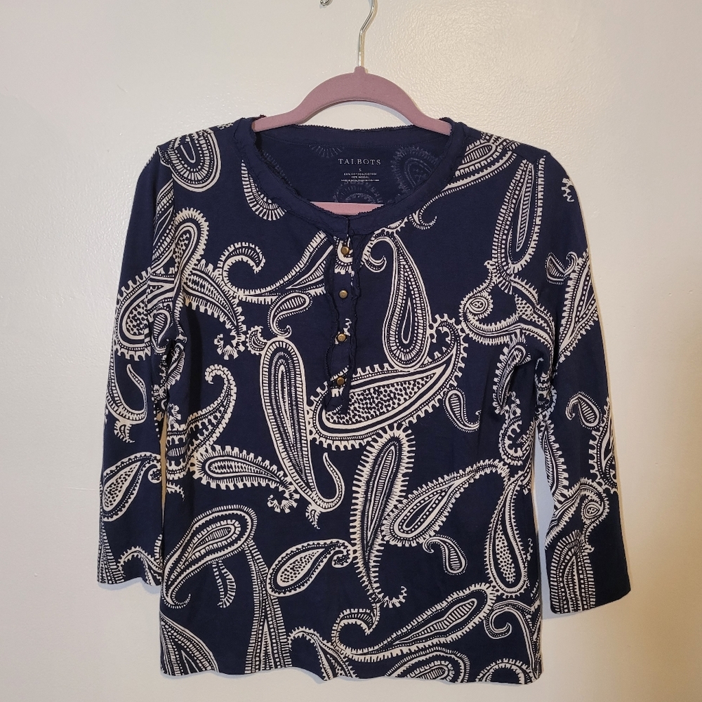 Talbots Navy Blue Paisley Top Size Small